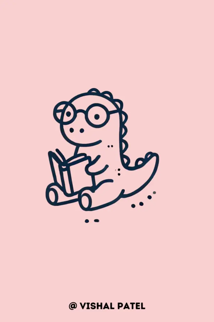 Dinosaur reading a book with glasses on