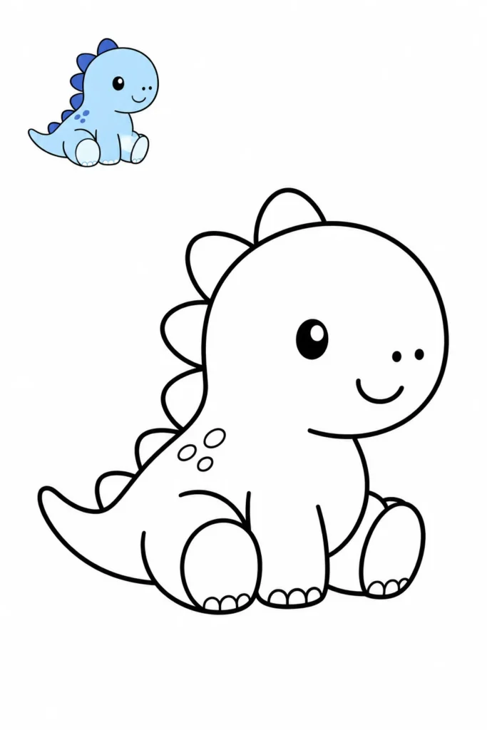 Cute baby dinosaur sitting coloring page for kids