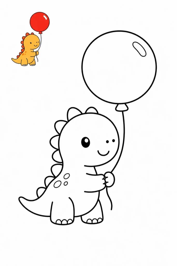 Cute dinosaur holding a balloon coloring page