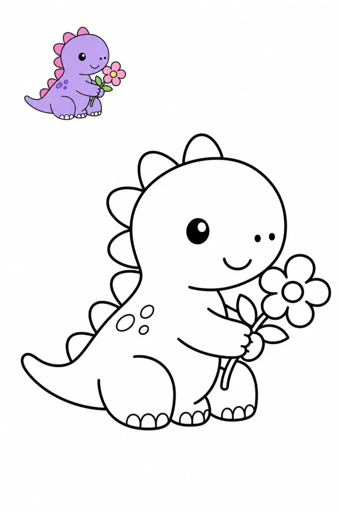 Baby dinosaur holding flower coloring sheet